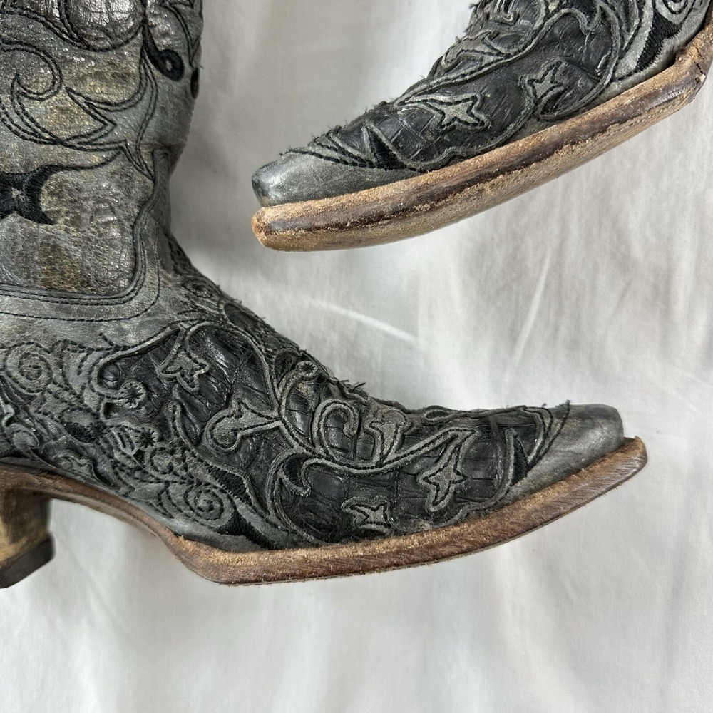 Corral Hancrafted Black Textured Inlay Cowboy Western Women's Boots Size 7 M - Picture 8 of 12